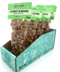 5 bags of candied almonds in clear bags with light green labels on top.