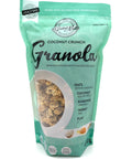 A teal zippered bag which has a window in the shape of a circle to reveal the granola underneath; a clustered mix of oats, coconut, and almonds.
