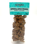 A clear bag of candied pecans with a turquoise label on top.