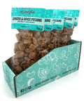 5 clear bags of candied pecans with turquoise labels on top.