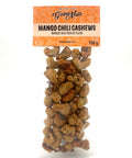 A clear bag of candied cashews with an orange label on top.