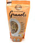 An orange zippered bag which has a window in the shape of a circle to reveal the granola underneath; a mix of oats, pumpkin seeds, and mango.