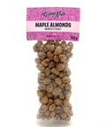 A bag of candied almonds in a clear bag with a purple label on top.