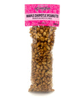 A clear bag of candied and spiced peanuts with a pink label on top.