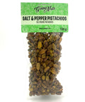 A clear bag of spiced pistachios with a green label on top.