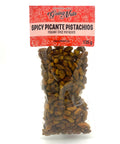 A clear bag of spiced pistachios with a red label on top.