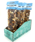 5 bags of chocolate and nut mix in clear bags with blue labels on top.