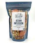 A mixture of various asian inspired snacks mixed together in a blue bag with a clear front and a white label.