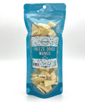 A bright blue bag with a clear front is filled with freeze-dried mango with a white and blue label on the front.
