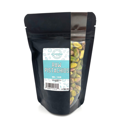 A black zippered bag filled with pistachios with a window on the right side and a teal and white label on the front