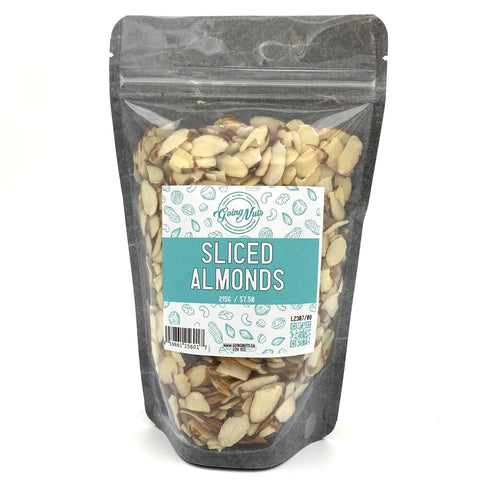 A black zippered bag filled with sliced almonds with a clear front and a teal and white label on the front