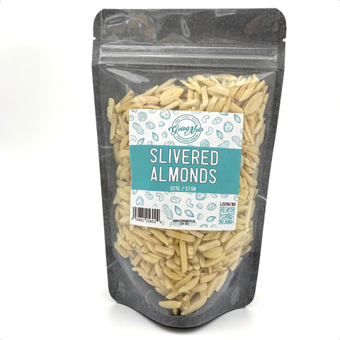 A black zippered bag filled with slivered almonds with a clear front and a teal and white label on the front
