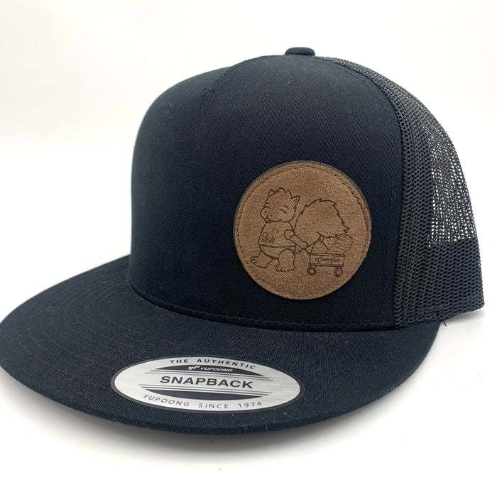 A black cap with a mesh back, with a brown logo of a squirrel pulling a wagon on the right half.