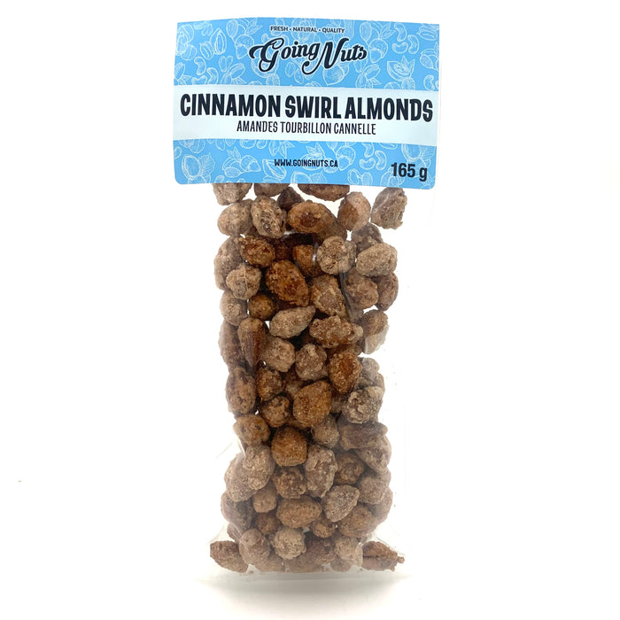 A bag of candied almonds in a clear bag with a blue label on top
