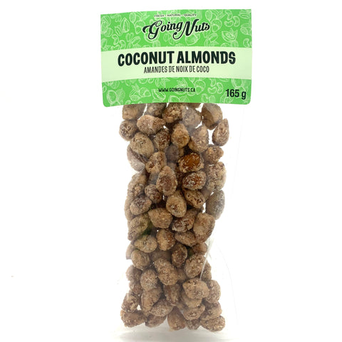 A bag of candied almonds with coconut in a clear bag with a light green label on top