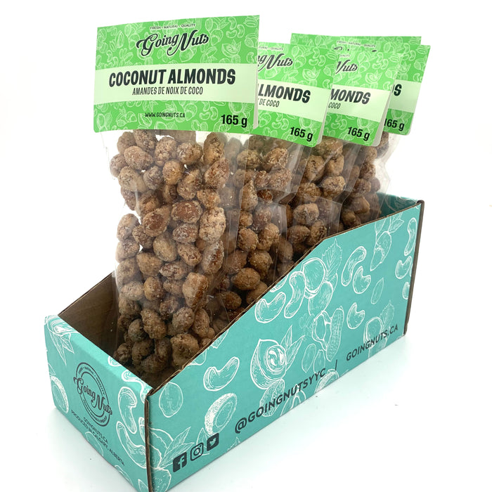 5 bags of candied almonds in clear bags with light green labels on top.