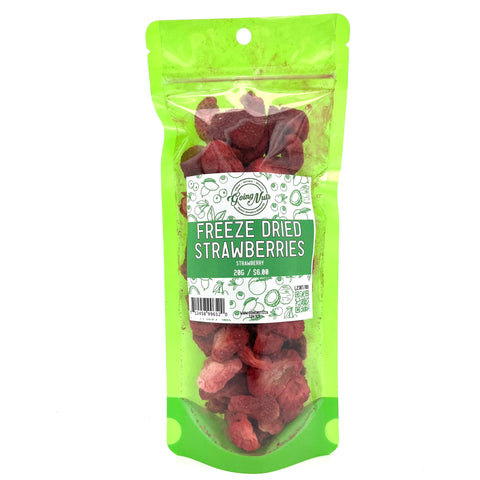A bright green zipper bag full of red freeze-dried strawberries.
