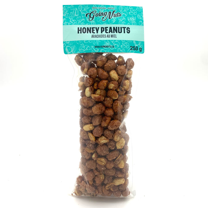 A bag of candied peanuts in a clear bag with a turquoise label on top