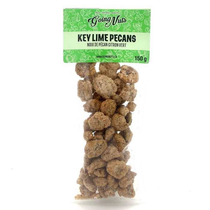 A clear bag of candied pecans with a green label on top.