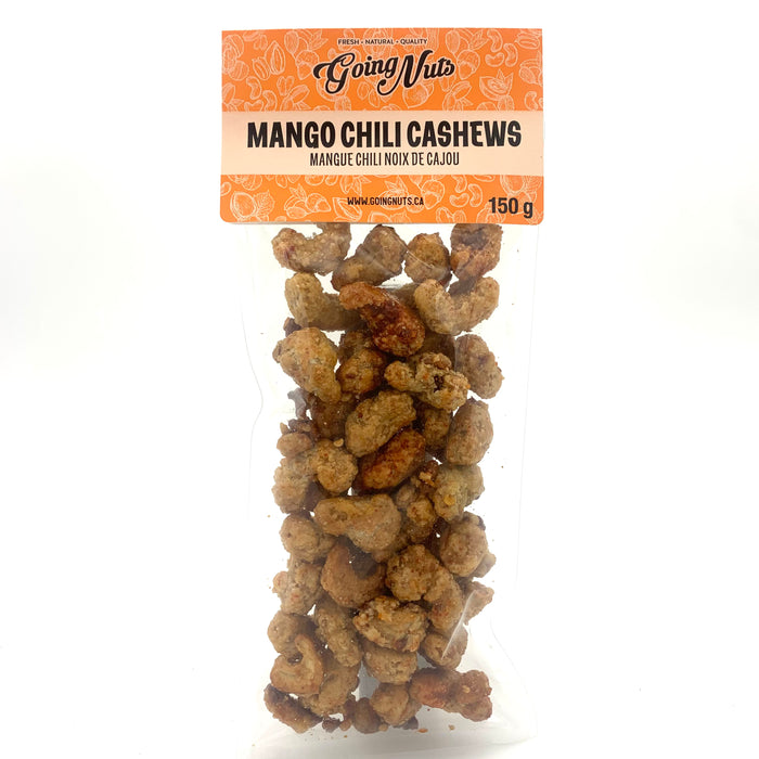 A clear bag of candied cashews with an orange label on top.
