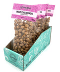 5 bags of candied almonds in clear bags with purple labels on top.