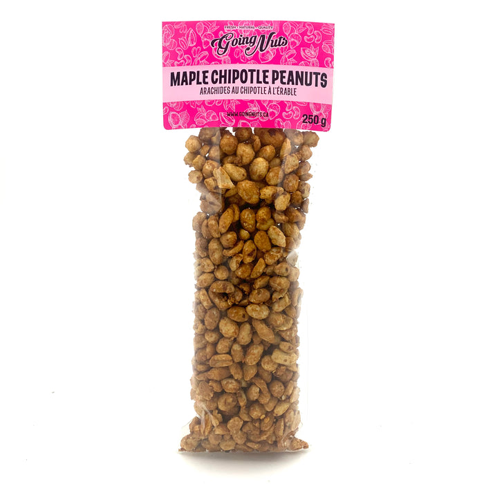 A clear bag of candied and spiced peanuts with a pink label on top.