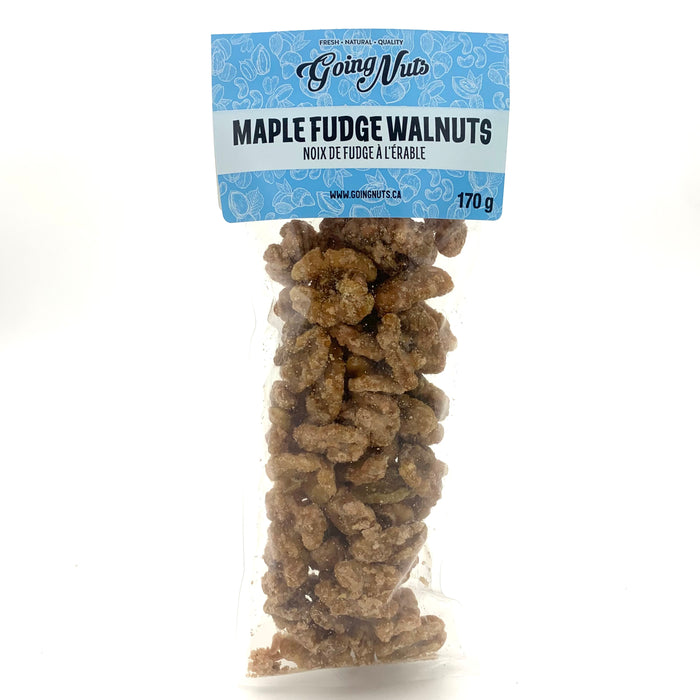 A clear bag of fudgy walnuts with a blue label on top.