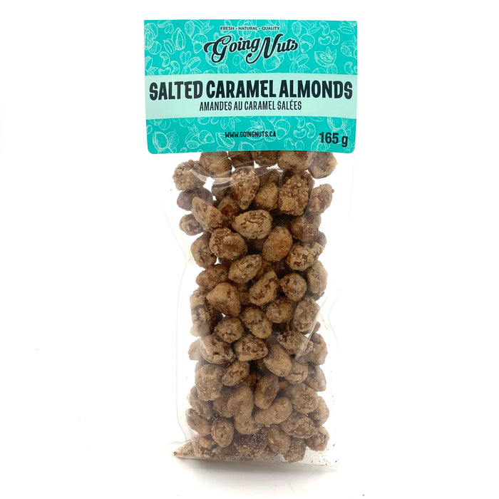 A bag of candied almonds in a clear bag with a turquoise label on top