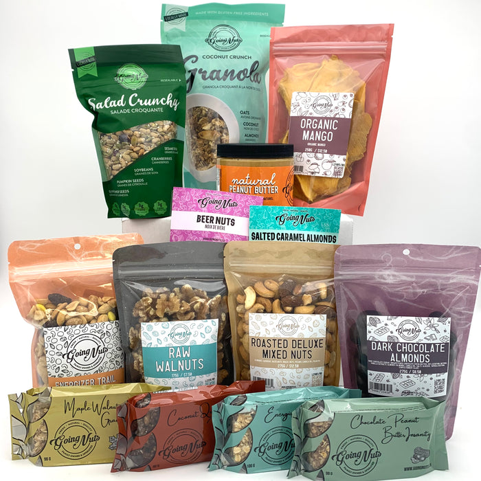 A colourful mixture of various flavoured nuts, mixed nuts, chocolate, fruit, granola, granola bars and nut butter.