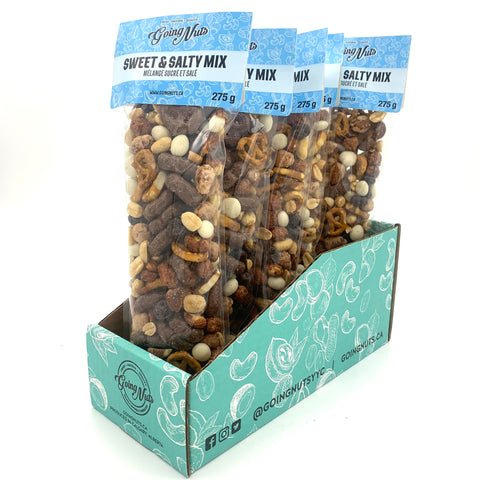 5 bags of chocolate and nut mix in clear bags with blue labels on top.