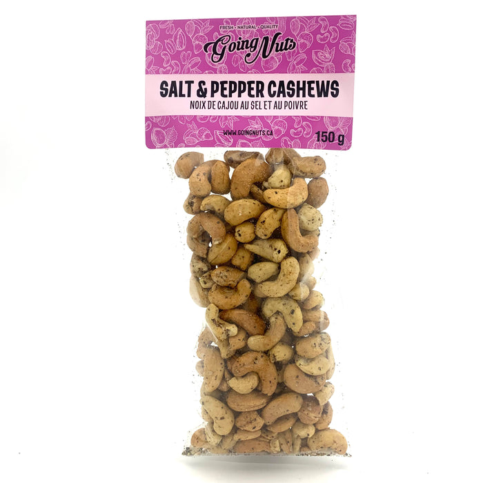 A clear bag of spiced cashews with a purple label on top.
