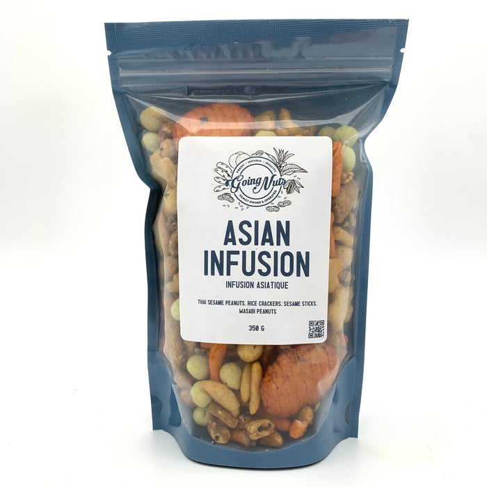 A mixture of various asian inspired snacks mixed together in a blue bag with a clear front and a white label.