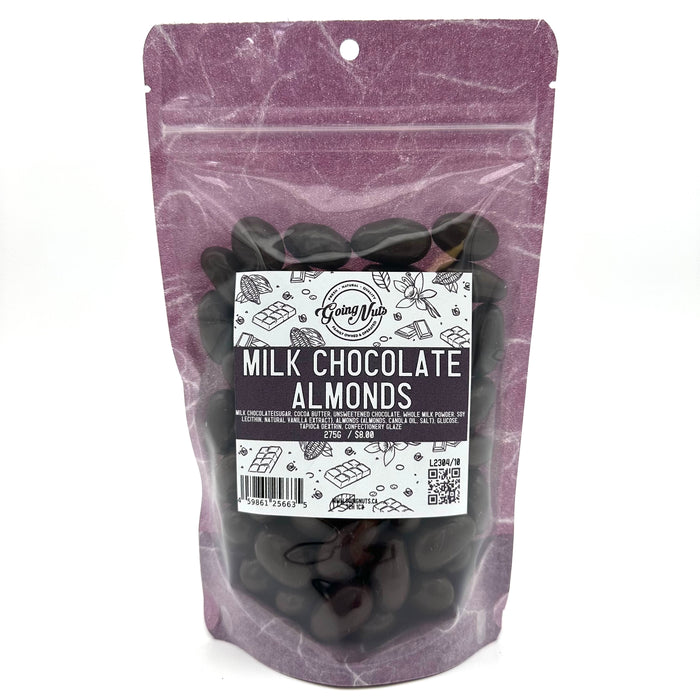 A purple bag with a clear front is filled with milk chocolate almonds with a white and purple label on the front 