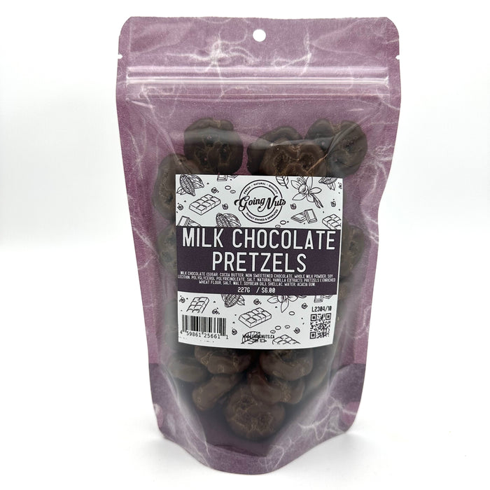 A purple bag with a clear front is filled with chocolate pretzels with a white and purple label on the front 