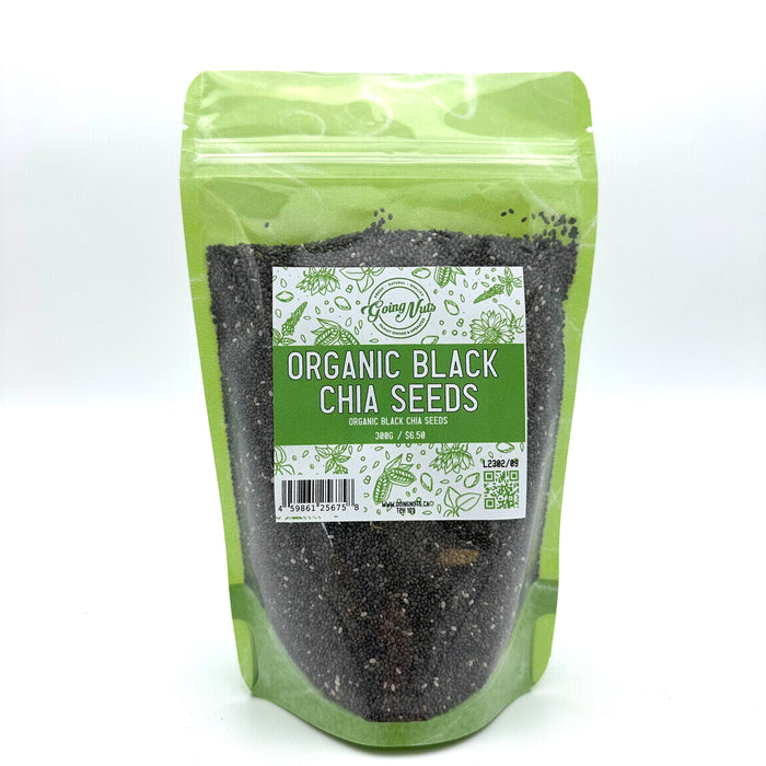 A light green zippered bag filled with black chia seeds with a clear front and a green and white label on the front
