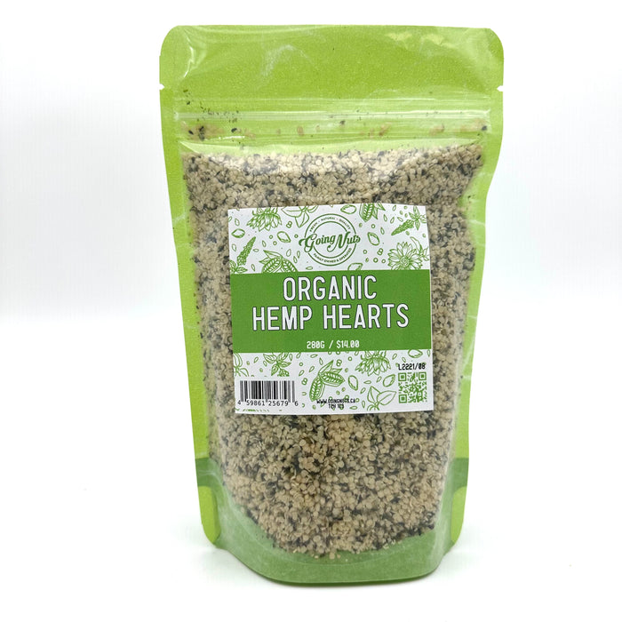 A green zippered bag filled with organic hemp seeds with a clear front and a green and white label on the front