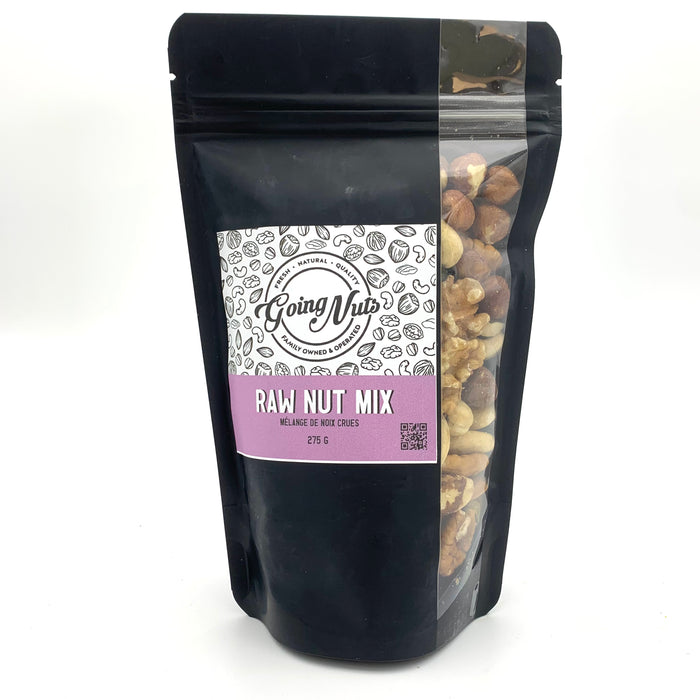 A mixture of raw nuts in a black bag with a side window. 