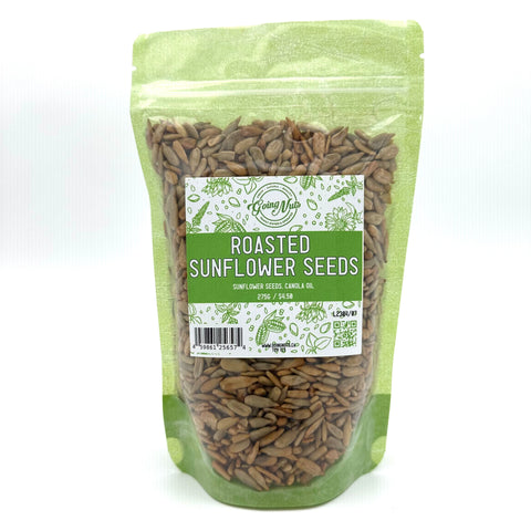 A light green zippered bag filled with roasted sunflower seeds with a clear front and a green and white label on the front