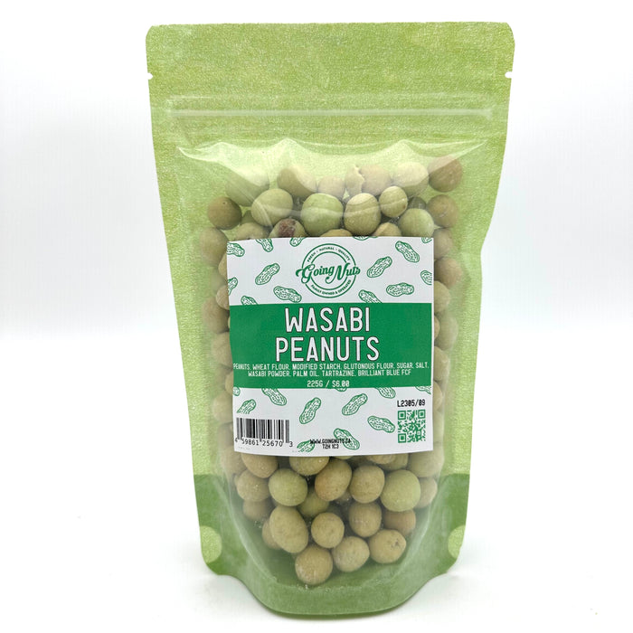 A light green bag with a clear front is filled with wasabi peanuts with a white and green label on the front 