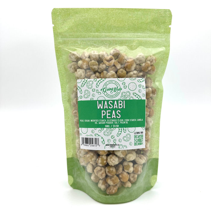 A light green bag with a clear front is filled with wasabi peas with a white and green label on the front 