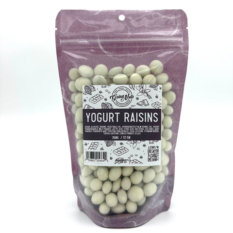 A purple bag with a clear front is filled with white yogurt raisins with a white and purple label on the front 
